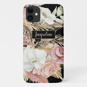 Capa Para iPhone 11 Palmeira Floral Pampas Grama Escamudo Negra Nome V