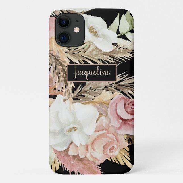 Capa Para iPhone 11 Palmeira Floral Pampas Grama Escamudo Negra Nome V (Verso)