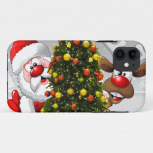 Capa Para iPhone 11 Papai Noel e renas atrás de uma árvore de natal.j