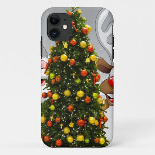 Capa Para iPhone 11 Papai Noel e renas atrás de uma árvore de natal.j