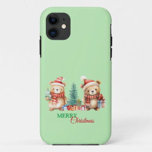 Capa Para iPhone 11 Papais noeis do Urso Verde Vermelho Feliz Festa de