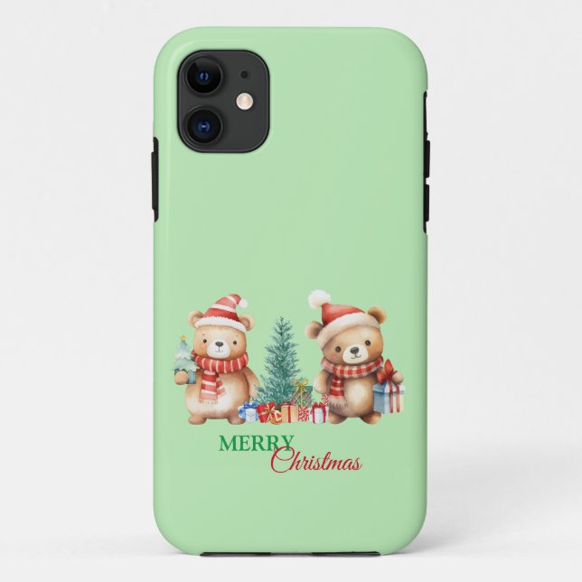 Capa Para iPhone 11 Papais noeis do Urso Verde Vermelho Feliz Festa de (Verso)