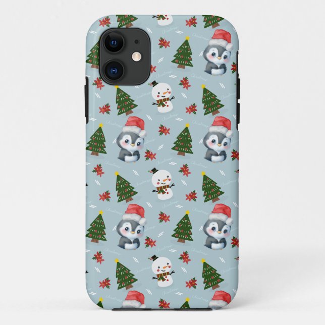 Capa Para iPhone 11 Papais noeis Pinguins Feliz Padrão de Árvore de Na (Verso)