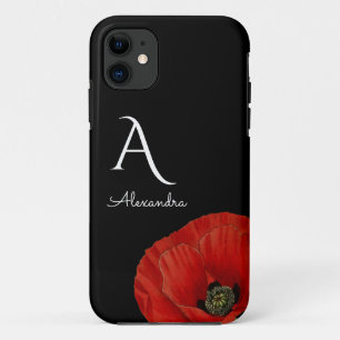 Capa Para iPhone 11 Papoila Vermelha Elegante Monograma no Floral Pret