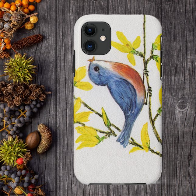 Capa Para iPhone 11 Passarinho Azul Cantando no Galho da Árvore Fofo (Pretty blue and red bird singing on branch with yellow flowers on faux textured white phone case.)
