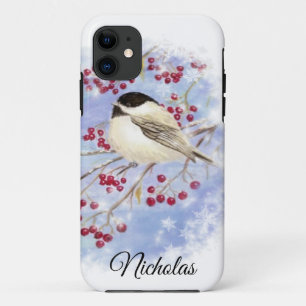 Capa Para iPhone 11 Pássaro de inverno pela janela de neve. Cena de N