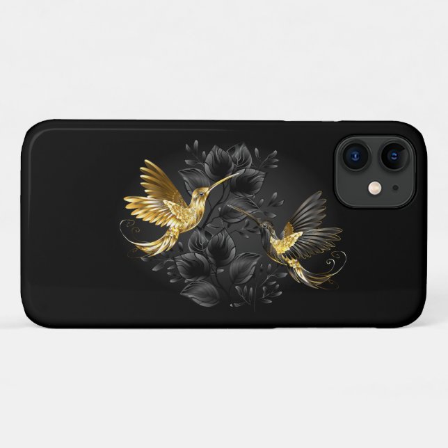 Capa Para iPhone 11 Pássaro Humino Negro e Dourado (Verso (horizontal))