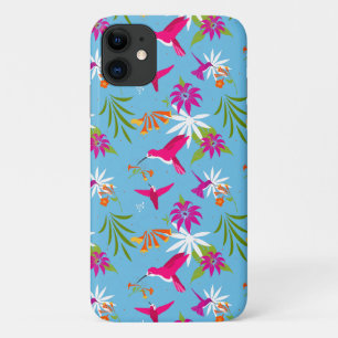 Capa Para iPhone 11 Pássaro Tropical Azul Rosa Padrão