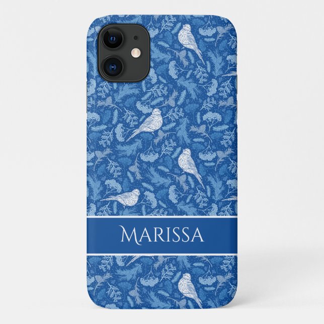 Capa Para iPhone 11 Pássaros Brancos Brilhantes e Invernos Padrão Flor (Verso)