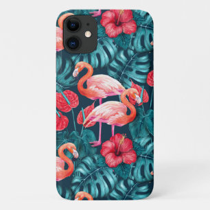 Capa Para iPhone 11 Pássaros Flamingo e aquarela de jardim tropical