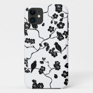 Capa Para iPhone 11 Pássaros Pretos e Brancos com Padrões de Cereja