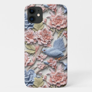 Capa Para iPhone 11 Pastel Rococo Floral Com Pássaro