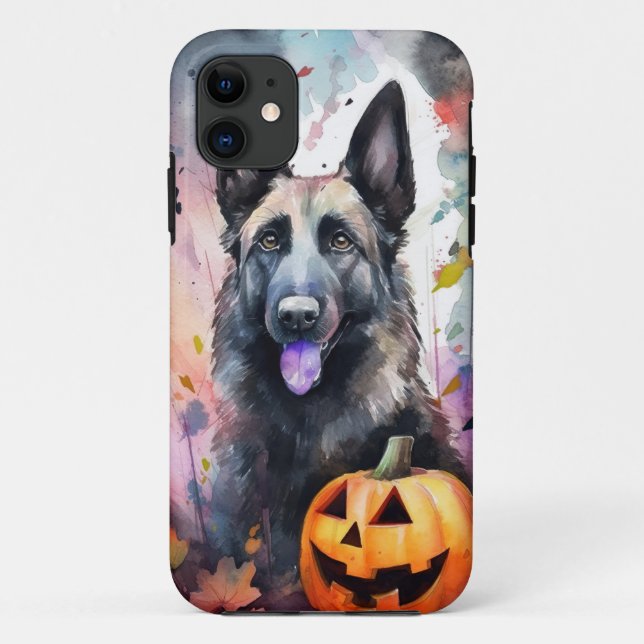 Capa Para iPhone 11 Pastor Belga de Halloween com Abóboras Assustador (Verso)