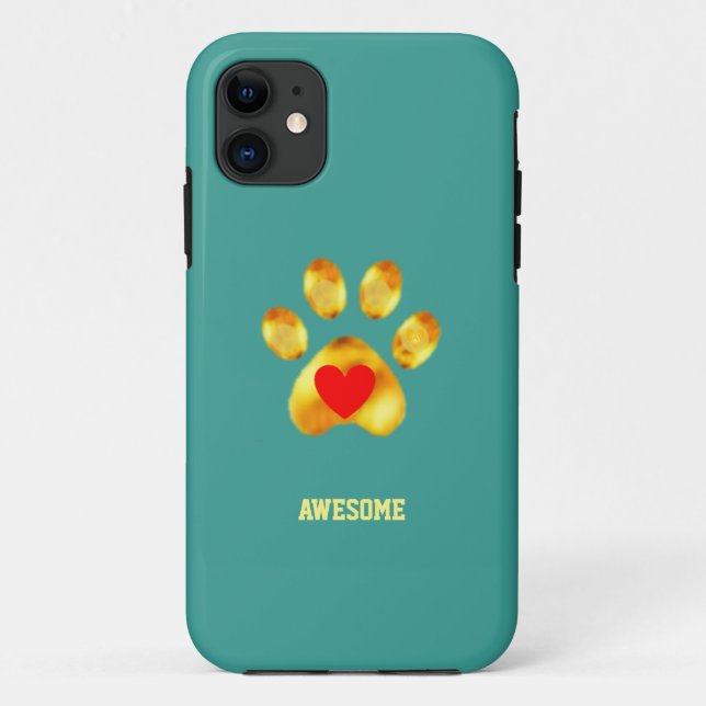 Capa Para iPhone 11 Pata dourada fofa em turquesa azul-verde (Verso)