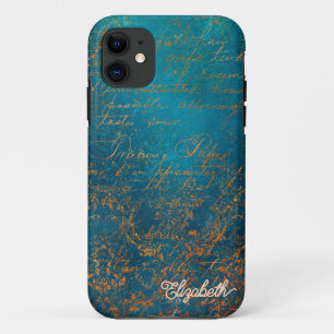 Capa Para iPhone 11 Pátina de Cobre Antigo com Caligrafia Turquesa