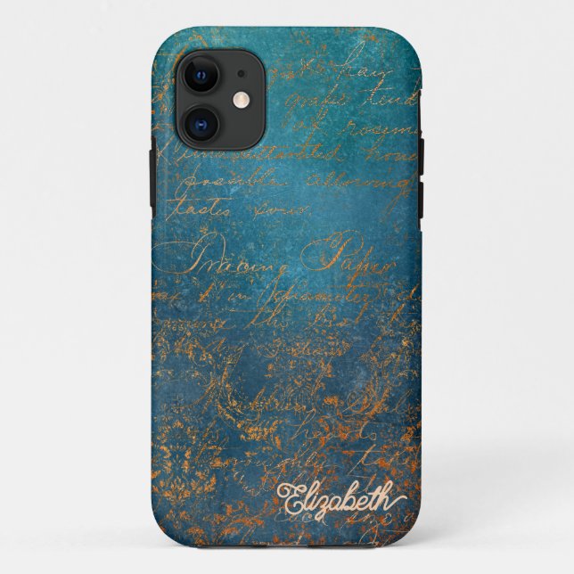 Capa Para iPhone 11 Pátina de Cobre Antigo com Caligrafia Turquesa (Verso)