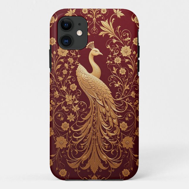 Capa Para iPhone 11 Pavão Dourado Floral Vermelho Estilo Luxuoso Elega (Verso)