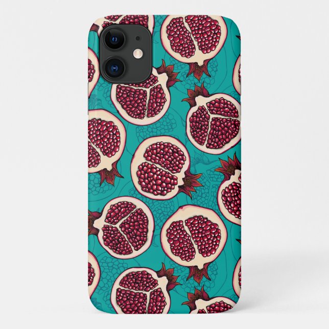 Capa Para iPhone 11 Pedaços de romã em turquesa (Verso)