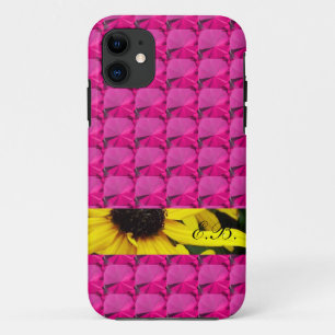 Capa Para iPhone 11 Pedras preciosas rosa com faixa florida e iniciais