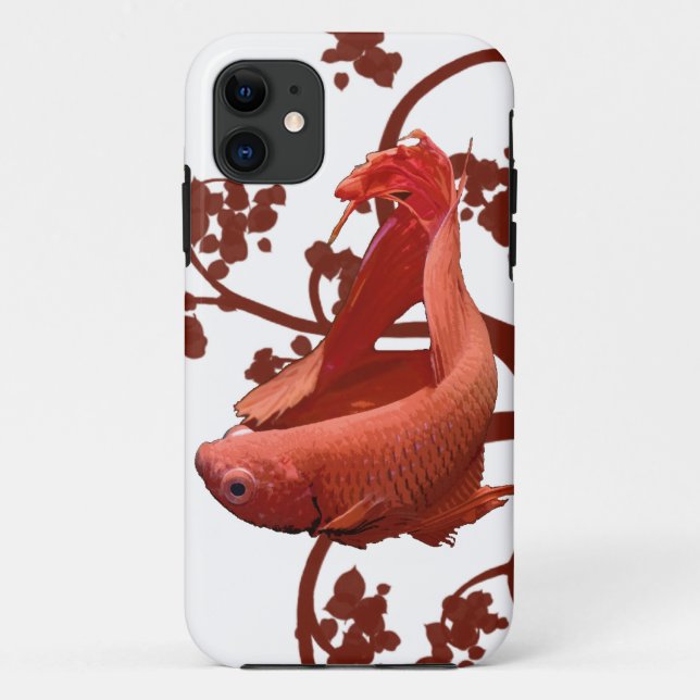 Capa Para iPhone 11 Peixe de Combate Siames Betta Vermelho (Verso)