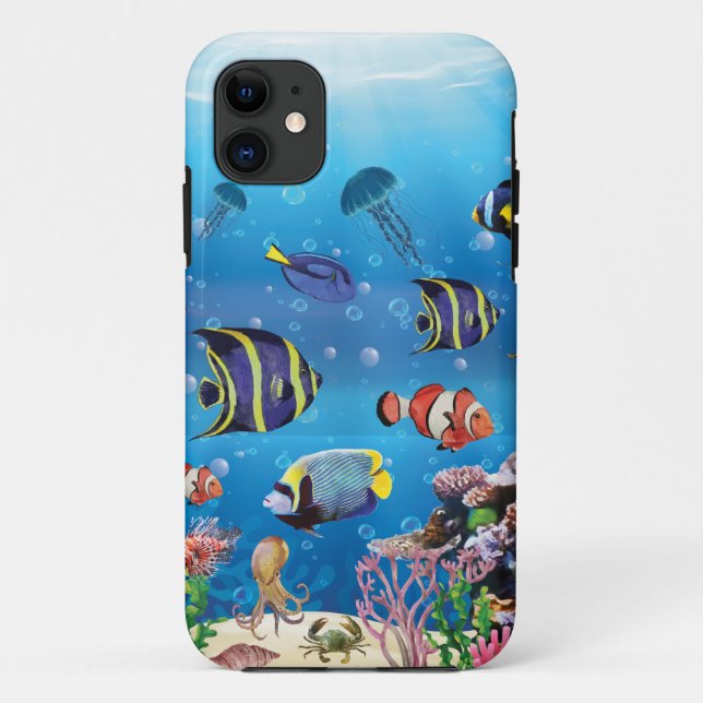 Capa Para iPhone 11 Peixes Tropicais nadando no Leito Marinho (Verso)