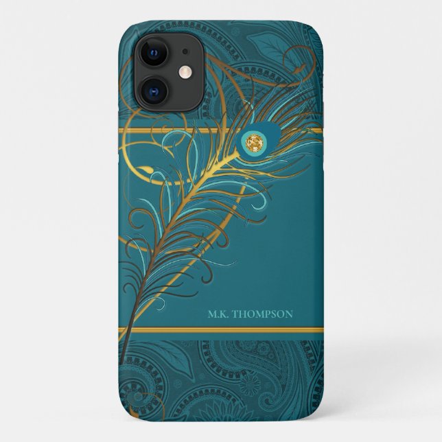 Capa Para iPhone 11 Penas de Peacock em Teal Paisley (Verso)