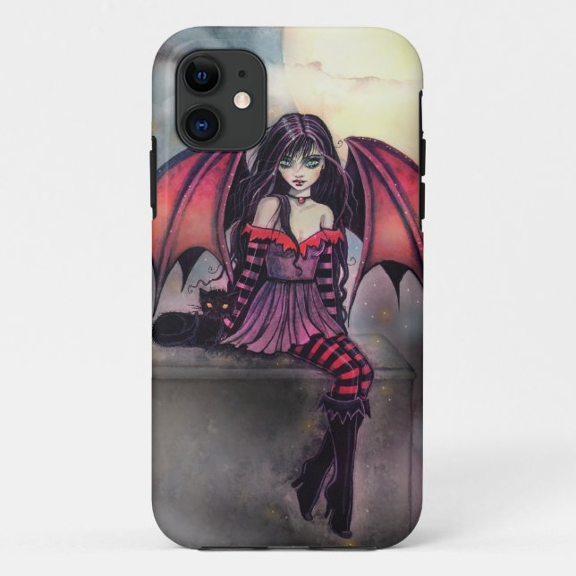 Capa Para iPhone 11 Pequena Fada Gótica de Halloween Vampira e Gato (Verso)