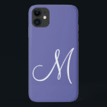 Capa Para iPhone 11 Periwinkle inicial do script branco chic<br><div class="desc">Um simples script branco chic inicial em uma capa de telefone de periwinkle. Estilo moderno e minimalista.</div>