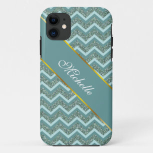 Capa Para iPhone 11 Personalize esta Glitter Teal ZigZag