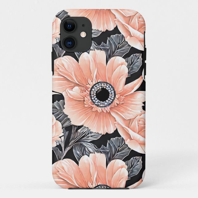 Capa Para iPhone 11 Pêssego Botânico Padrão Floral (Verso)