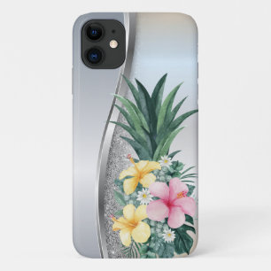 Capa Para iPhone 11 Pineapple Flores Tropicais Brilho Prata Legal