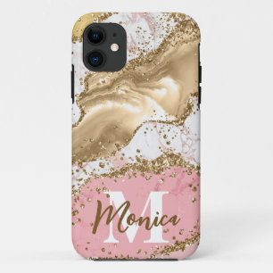 Capa Para iPhone 11 Pingente Monograma em Pedra Rosa e Branca com Bril