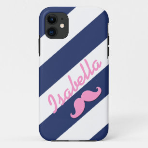 Capa Para iPhone 11 PINK MUSTACHE BLUE STRIPES iPHONE 5 CASO