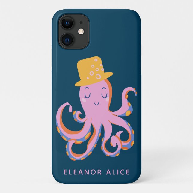 Capa Para iPhone 11 Pink Octopus Quirky Dancing Animal Personalizado (Verso)