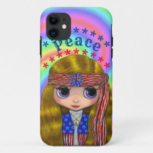 Capa Para iPhone 11 Pintinho Hippie de Paz Estrelas e Stripes Bonito