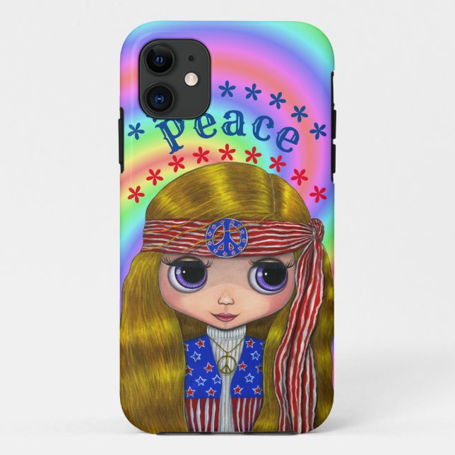 Capa Para iPhone 11 Pintinho Hippie de Paz Estrelas e Stripes Bonito (Verso)