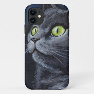 Capa Para iPhone 11 Pintura cinzenta Eyed verde do gato
