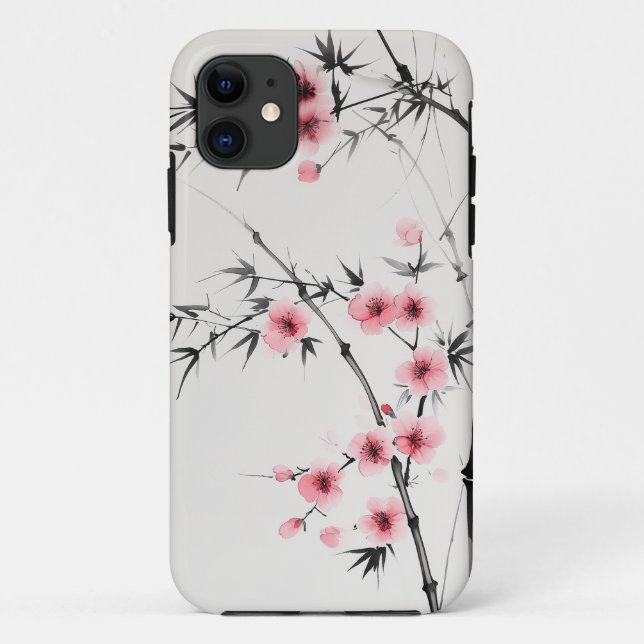 Capa Para iPhone 11 Pintura da floração de bambu e cereja na lavagem (Verso)