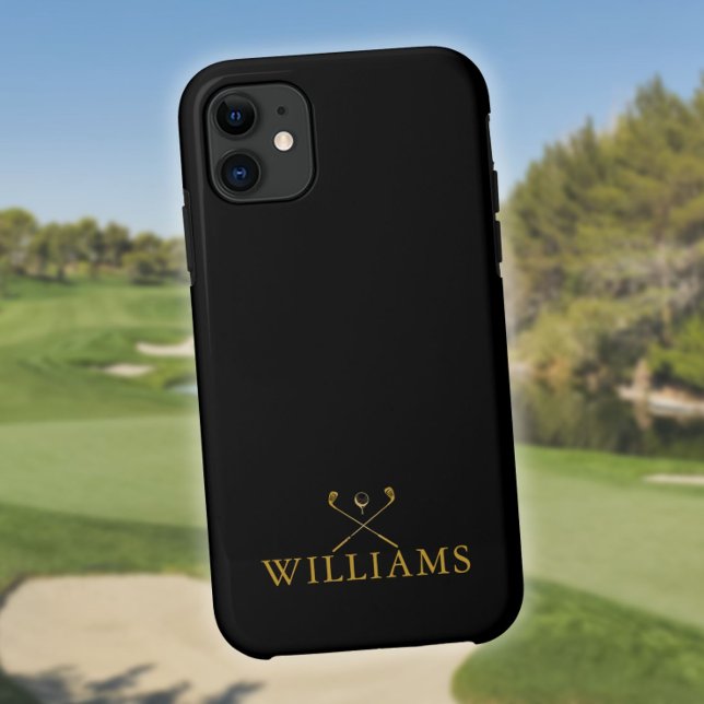 Capa Para iPhone 11 Pistas de Golfe de Nome Personalizado Preto E Dour (Black And Gold Personalized Name Golf Clubs Case-Mate iPhone Case)
