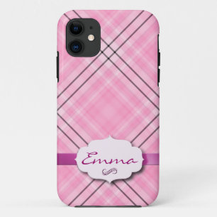 Capa Para iPhone 11 Plaid Bonito Rosa com etiqueta de nome