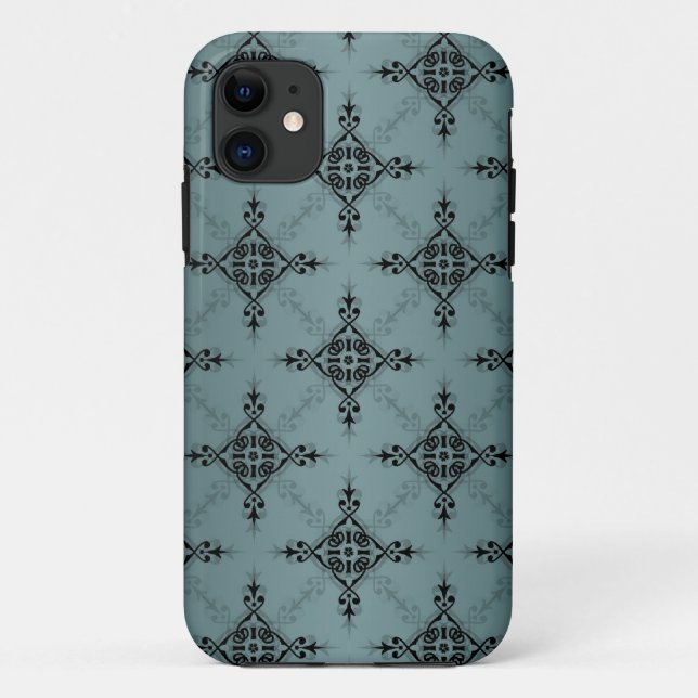 Capa Para iPhone 11 Poeira Teal e Preto Padrão Damask (Verso)