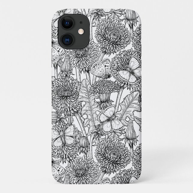 Capa Para iPhone 11 Prado de dandelion em preto e branco (Verso)