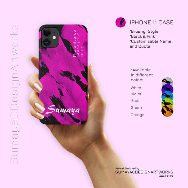 Capa para iPhone 11 Preta e Rosa com Pinceladas |  (iPhone 11 Case Brushy Black & Pink | Customizable Name and Quote.)