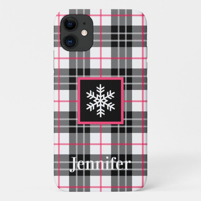 Capa Para iPhone 11 Preto, branco, Xadrez rosa, floco de neve (Verso)