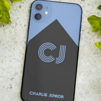 Capa Para iPhone 11 preto e azul aqua iniciais Monogramadas Minimalist