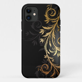 Capa Para iPhone 11 Preto e videira floral Dourado
