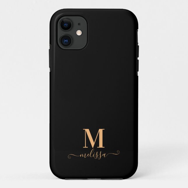 Capa Para iPhone 11 Preto Elegante moderno e monograma Dourado (Verso)