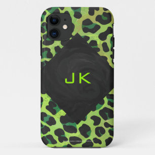 Capa Para iPhone 11 Preto-leopardo e Verde com Monograma