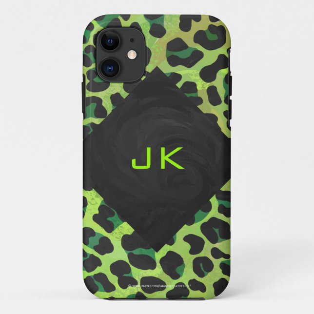 Capa Para iPhone 11 Preto-leopardo e Verde com Monograma (Verso)