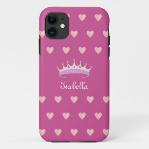 Capa Para iPhone 11 Princesa Tiara Crown e Corações Rosa em Rosa Doura